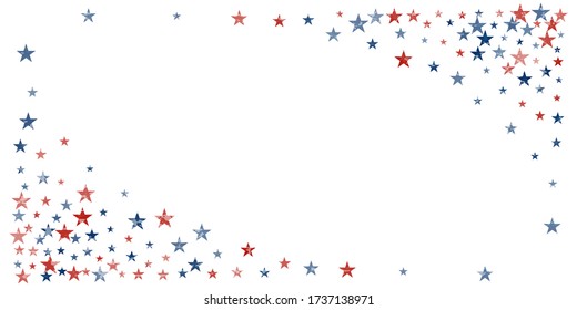 American stars confetti with grunge texture. Vector Illustration for Celebration Holiday, a blue and red stars sparkles isolated on white. USA banner backdrop top and down borders