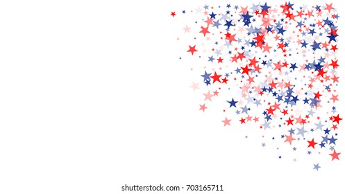 american stars confetti. horizontal patriotic background Vector Illustration for Celebration Holiday, Blue and Red stars sparkles isolated on white. USA banner round corner backdrop