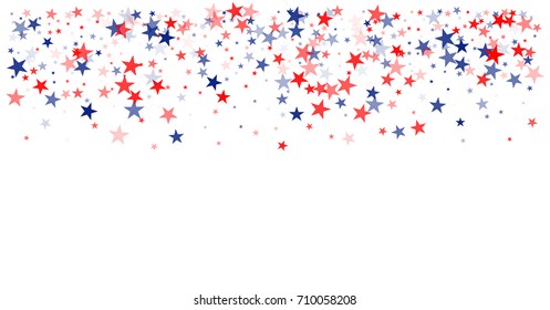 american stars confetti. horizontal patriotic border backdrop Vector Illustration for Celebration Holiday, Blue and Red stars sparkles isolated on white. USA banner background.