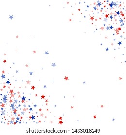 American stars confetti. Vector Illustration for Celebration Holiday, a blue and red stars sparkles isolated on white. USA banner backdrop top and down borders - Vector