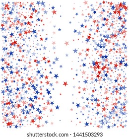 American stars confetti. Vector Illustration for Celebration Holiday, a blue and red stars sparkles isolated on white. USA banner backdrop top and down borders - Vector