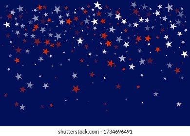 American stars confetti. Vector Illustration for Celebration Holiday, a blue and red stars sparkles isolated on white. USA banner backdrop top and down borders