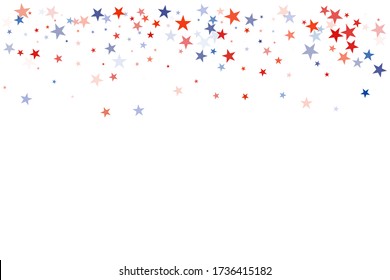 American stars confetti. Vector Illustration for Celebration Holiday, a blue and red stars sparkles isolated on white. USA banner backdrop top and down borders