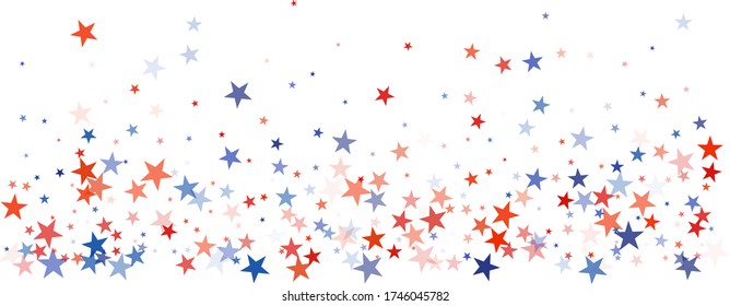 American stars confetti. Vector Illustration for Celebration Holiday, a blue and red stars sparkles isolated on white. USA banner backdrop top and down borders