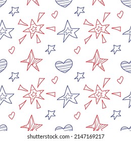 Estrellas americanas al estilo de Doodle. Patrón de vector Seamless dibujado a mano. Diseño patriótico para el Día de la Independencia de Estados Unidos 4 de julio