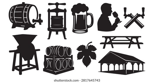American State Fair Cider Press Wine Barrel and Beer Tasting Vector Silhouette Collection

This detailed vector collection features solid black silhouettes of American state fair beverage tasting and cider making exhibits. Perfect for craft beer festivals, winery branding, and country festival promotional graphics, this set includes clean shapes of wooden wine barrels, apple cider presses, beer mugs, sommelier tasting wine, crossed tap handles, fruit crusher hoppers, stacked barrel racks, grape leaves, wooden picnic tables, and timber shelter pavilions. Every element path is carefully rendered for sharp output and vector cutting applications without node errors.
