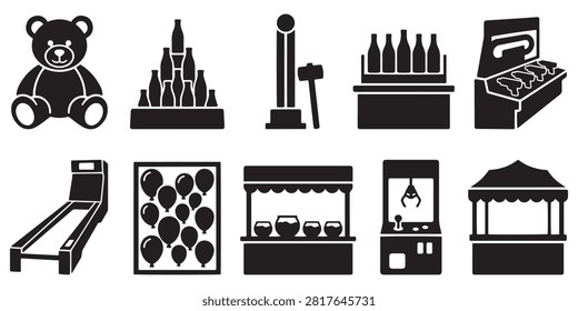 American State Fair Midway Carnival Games and Arcade Attractions Vector Silhouette Collection

This detailed vector collection features solid black silhouettes of American state fair midway carnival games, amusement booths, and arcade prize attractions. Perfect for boardwalk branding, carnival party flyers, and festival game signage, this set includes clean shapes of teddy bear prizes, bottle pyramid knockdown, high striker strength tester hammer, ring toss bottles, skeeball alley ramp, balloon pop dart board, goldfish bowl toss booth, arcade claw crane machine, and concession tent booths. Every element path is carefully rendered for sharp output and vector cutting applications without node errors.