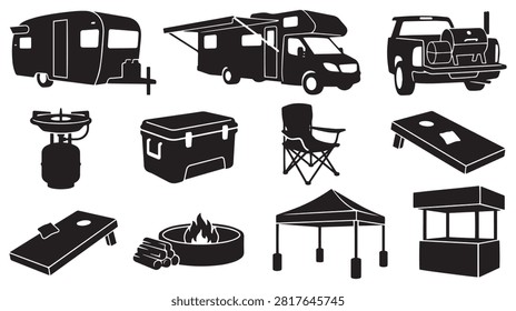 American State Fair RV Camping Tailgating and Lawn Games Vector Silhouette Collection

This detailed vector collection features solid black silhouettes of American state fair camping grounds and tailgate party activities. Perfect for campsite flyers, outdoor recreation guides, and festival camping maps, this set includes clean shapes of travel trailer RVs, motorhomes, pickup truck tailgates, portable camp stoves, cooler ice chests, folding camp chairs, cornhole beanbag boards, campfires with logs, pop-up canopy tents, and ticket concession booths. Every element path is carefully rendered for smooth vector cutting and high-resolution printing.
