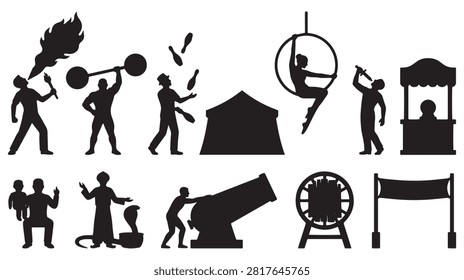 American State Fair Sideshow Acts Stunt Performers and Carnival Circus Vector Silhouette Collection

This detailed vector collection features solid black silhouettes of American state fair sideshow attractions, extreme stunt performers, and circus acts. Perfect for carnival posters, circus flyers, and vintage sideshow branding, this set includes clean shapes of fire breather, strongman lifting barbell, juggler, circus tent, aerial hoop lyra acrobat, sword swallower, ticket booth, snake charmer, fire eater, human cannonball, ferris wheel, and event banner archway. Every element path is carefully rendered for sharp output and vector cutting applications without node errors.