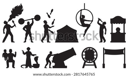 American State Fair Sideshow Acts Stunt Performers and Carnival Circus Vector Silhouette Collection

This detailed vector collection features solid black silhouettes of American state fair sideshow attractions, extreme stunt performers, and circus acts. Perfect for carnival posters, circus flyers, and vintage sideshow branding, this set includes clean shapes of fire breather, strongman lifting barbell, juggler, circus tent, aerial hoop lyra acrobat, sword swallower, ticket booth, snake charmer, fire eater, human cannonball, ferris wheel, and event banner archway. Every element path is carefully rendered for sharp output and vector cutting applications without node errors.