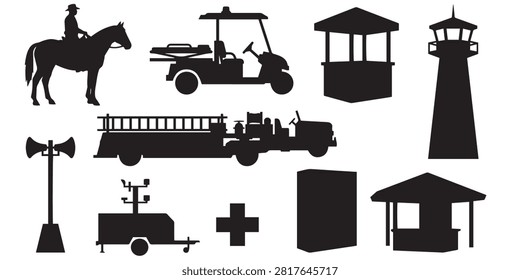 American State Fair Venue Infrastructure Emergency and Security Vector Silhouette Collection

This detailed vector collection features solid black silhouettes of American state fair site safety, venue infrastructure, and support services. Perfect for event management guides, festival venue maps, and fairground safety signs, this set includes clean shapes of mounted police security patrol, utility golf cart, ticket booth, water tower, air horn siren pole, fire truck engine, mobile generator trailer, medical first aid cross, billboard sign, and information kiosk. Every element path is carefully rendered for sharp output and vector cutting applications without node errors.
