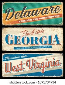 Estados americanos, Delaware, Georgia y Anuncios vectoriales de Virginia Occidental, carteles para el destino del viaje. Pizarras retro, carteles antiguos usados con tipografía, placas de monumentos turísticos