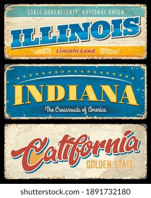 American states, Illinois, Indiana and California vintage vector banners, signs for travel destination. Retro grunge boards, antique worn signboards with typography, touristic landmarks plaques set