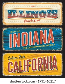 American states Illinois, Indiana and California vector vintage banners, signs for travel destination. Usa retro grunge boards, antique worn signboards with typography, touristic landmarks plaques set