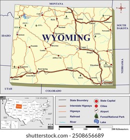 American states map series for students and everyone: WYOMING. 
Can be edited or printed directly.
