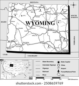 American states map series for students and everyone: WYOMING. 
Can be edited or printed directly. Black and white.

