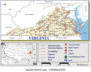 American states map series for students and everyone: VIRGINIA. 
Can be edited or printed directly.
