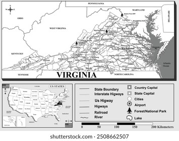 American states map series for students and everyone: VIRGINIA. 
Can be edited or printed directly. Black and white.