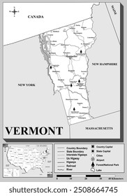 American states map series for students and everyone: VERMONT. 
Can be edited or printed directly. Black and white.