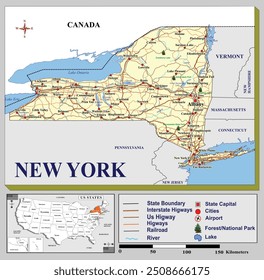 American states map series for students and everyone: NEW YORK. 
Can be edited or printed directly.
