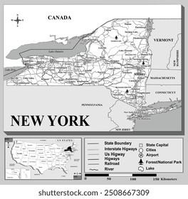 American states map series for students and everyone: NEW YORK. 
Can be edited or printed directly. Black and white.