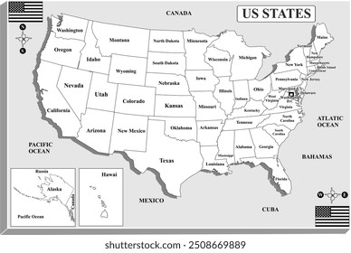 American states map series for students and everyone: US be edited or printed directly. BLACK  AND WHITE