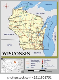 American states map series for students and everyone: WISCONSIN. 
Can be edited or printed directly.