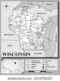 American states map series for students and everyone: WISCONSIN.
Can be edited or printed directly. Black and white
