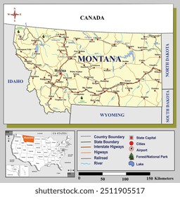 American states map series for students and everyone: MONTANA. 
Can be edited or printed directly. Black and white