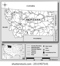 American states map series for students and everyone: MONTANA. 
Can be edited or printed directly. Black and white
