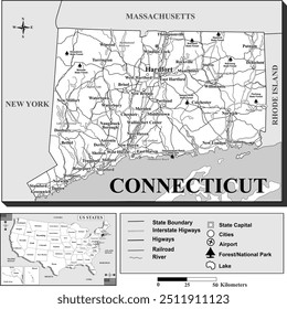 American states map series for students and everyone: CONNECTICUT. 
Can be edited or printed directly. Black and white
