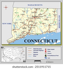 American states map series for students and everyone: CONNECTICUT.
Can be edited or printed directly.