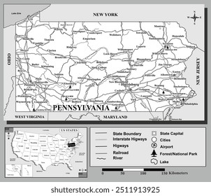 American states map series for students and everyone: PENNSYLVANIA. 
Can be edited or printed directly. Black and white