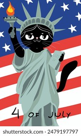 American statue of liberty character cat, god bless America, 4 july, independent day, flag of USA