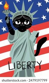 American statue of liberty character cat, god bless America, 4 july, independent day, flag of USA