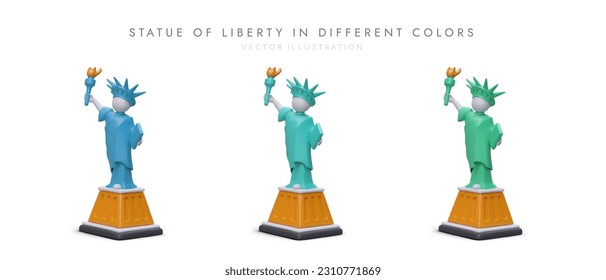 Estatua Americana de la Libertad en diferentes colores. Conjunto de iconos 3D con sombras sobre fondo blanco. Símbolo de la independencia estadounidense. Ilustración vectorial realista para un diseño atractivo