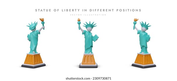 American Statue of Liberty from different sides. Set of 3D icons in cartoon style. Realistic depiction of outstanding monument of world. Symbol of US independence