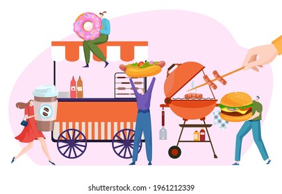 American street fast food shop, tiny character people hold foodstuff burger, doughnut, bbq steak flat vector illustration, isolated on white.