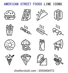 Iconos de línea de comida callejera norteamericana, Set de alimentos callejeros norteamericanos simples iconos de la línea de señalización, juegos de iconos de la línea de dibujos animados Cute, ilustración vectorial, iconos de línea relacionados con alimentos callejeros 