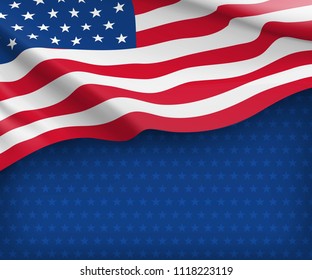 American striped flag on starry blue background. Independence and freedom, democracy and patriotism vector concept. USA country day celebration. Traditional patriotic card with waving american flag