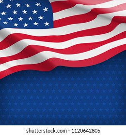 American striped flag on starry blue background. Independence and freedom, democracy and patriotism vector concept. USA country day celebration. Traditional patriotic card with waving american flag