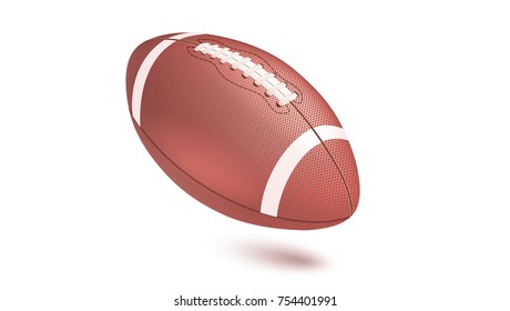 American striped football ball, diagonal position in frame. Horizontal realistic vector 3D illustration isolated on white background. Icon of the flying Rugby ball with shadow.