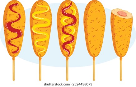 American Style Corn Dog Set com Mostarda e Ketchup Toppings. Snacks Populares Ilustração Detalhada