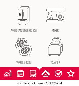 American style refrigerator, mixer and toaster icons. Waffle-iron linear sign. Edit document, Calendar and Graph chart signs. Star, Check and House web icons. Vector