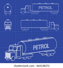 American style tank truck. Icons set. Vector blueprint.
