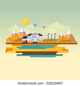 American suburban house. Eco lifestyle background. Flat design vector concept illustration.
