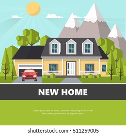 American suburban house. Family home. Flat design vector concept illustration.