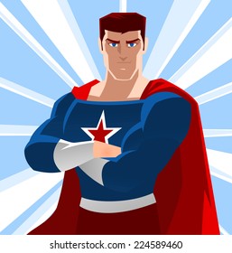 American Super Hero, with star and red cape vector illustration.