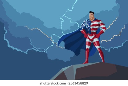 American superhero standing tall atop a rock, surrounded by dramatic storm clouds and striking lightning. Perfect for themes of strength, courage, and resilience