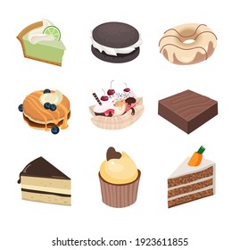 American sweets set. Key lime pie, whoopie pie, donut, pancakes, banana split, brownie, boston cream pie, cupcake, carrot cake. Vector cartoon style illustration for cafe, bakery and restaurant menu, 